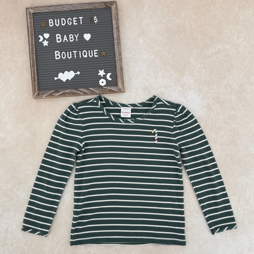 Hanna Andersson Green Striped Long Sleeve Candy Cane Tee 110